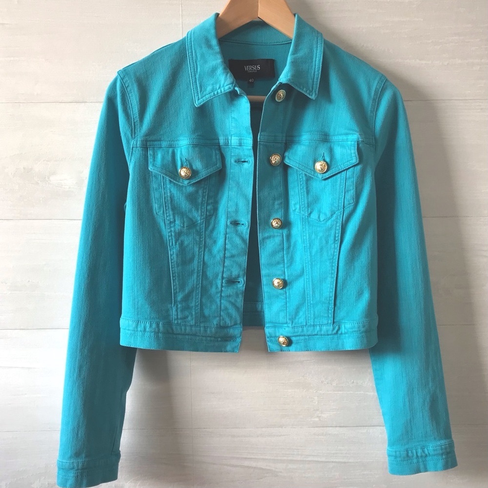 Versace Turquoise Blue Crop Jean Jacket with Gold Buttons
